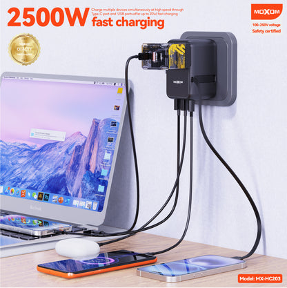 MOXOM MX-HC203 Worldwide Travel Adapter – 4 USB Ports, PD 20W USB-C Fast Charging, 100–250V