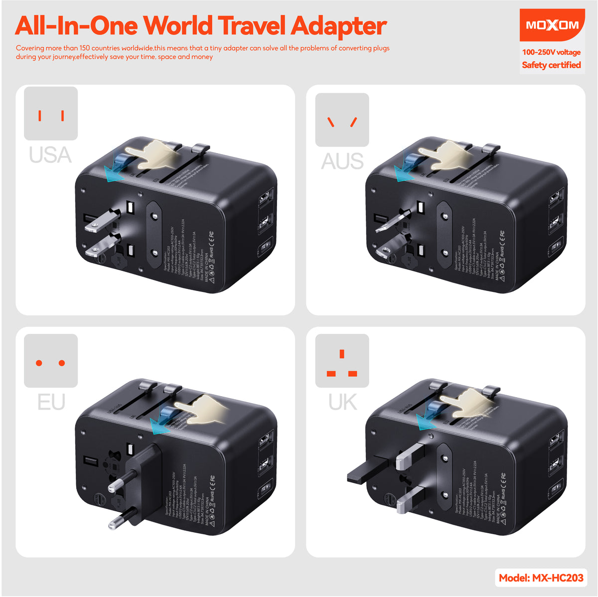 MOXOM MX-HC203 Worldwide Travel Adapter – 4 USB Ports, PD 20W USB-C Fast Charging, 100–250V