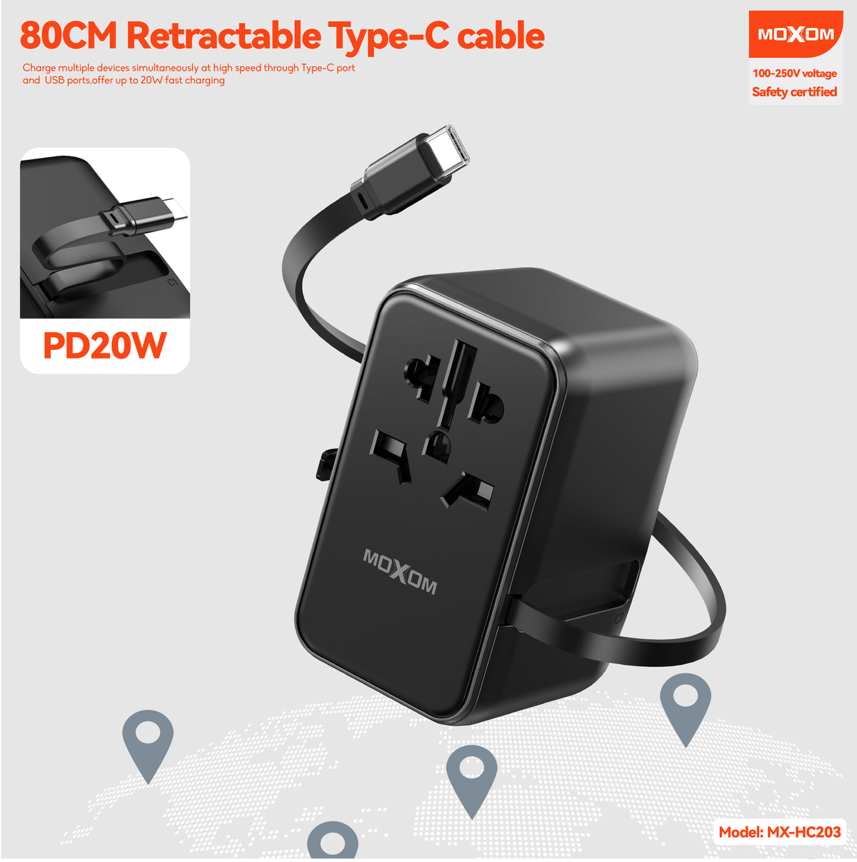 MOXOM MX-HC203 Worldwide Travel Adapter – 4 USB Ports, PD 20W USB-C Fast Charging, 100–250V