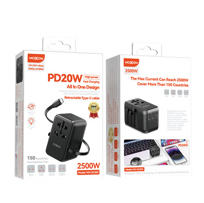 MOXOM MX-HC203 Worldwide Travel Adapter – 4 USB Ports, PD 20W USB-C Fast Charging, 100–250V