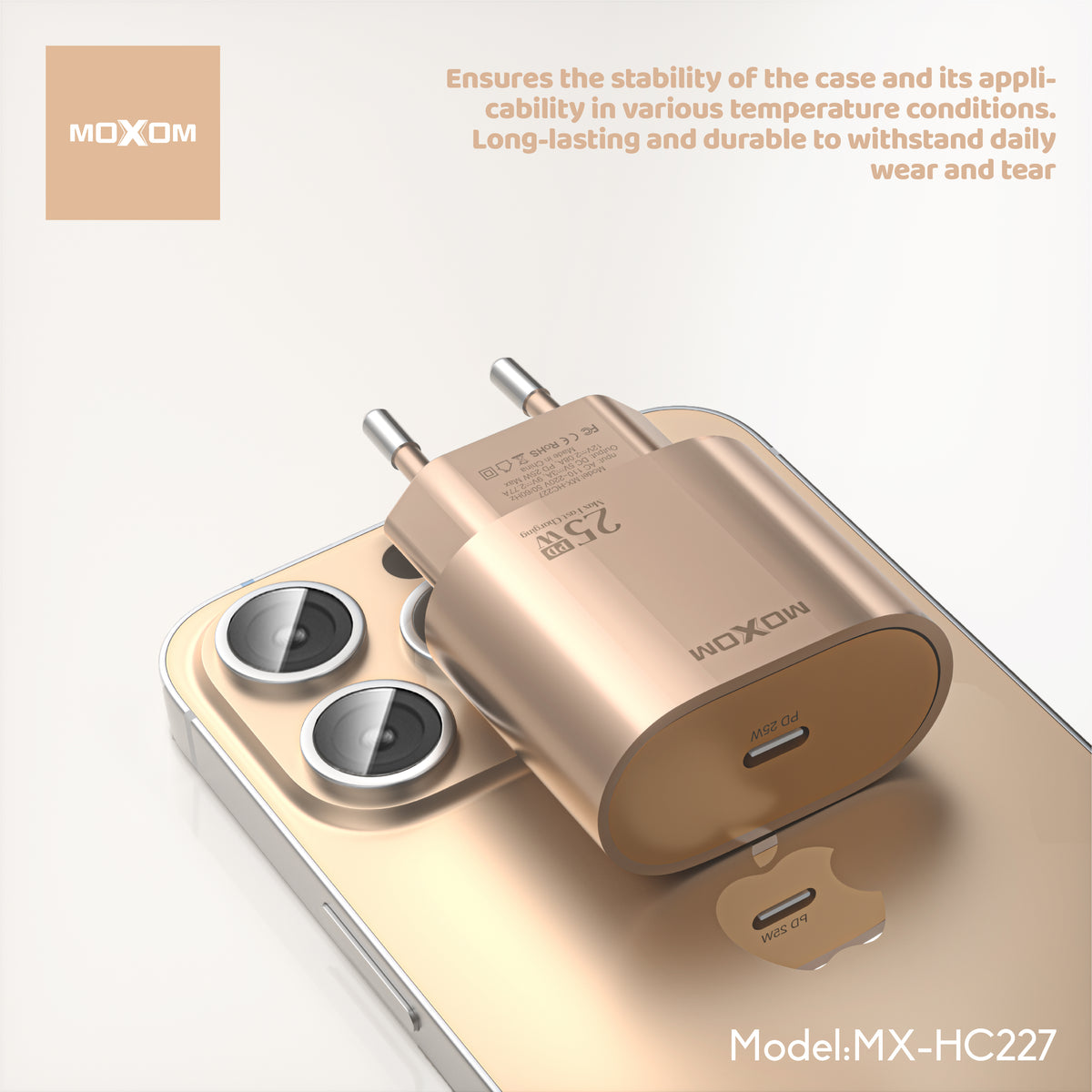 MOXOM MX-HC227 PD 25W USB-C Fast Charger – Gold Finish, EU Plug, Charger Only or With Cable