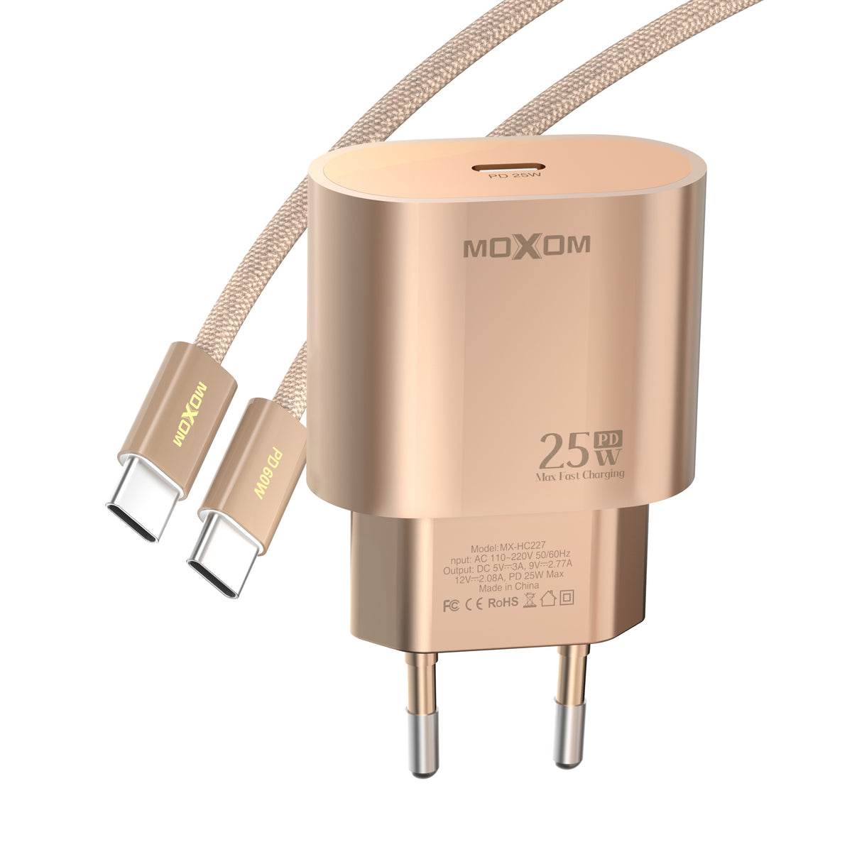 MOXOM MX-HC227 PD 25W USB-C Fast Charger – Gold Finish, EU Plug, Charger Only or With Cable