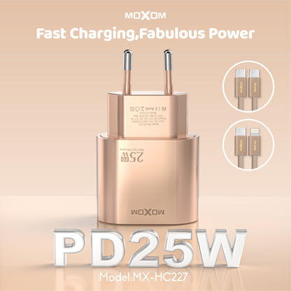 MOXOM MX-HC227 PD 25W USB-C Fast Charger – Gold Finish, EU Plug, Charger Only or With Cable