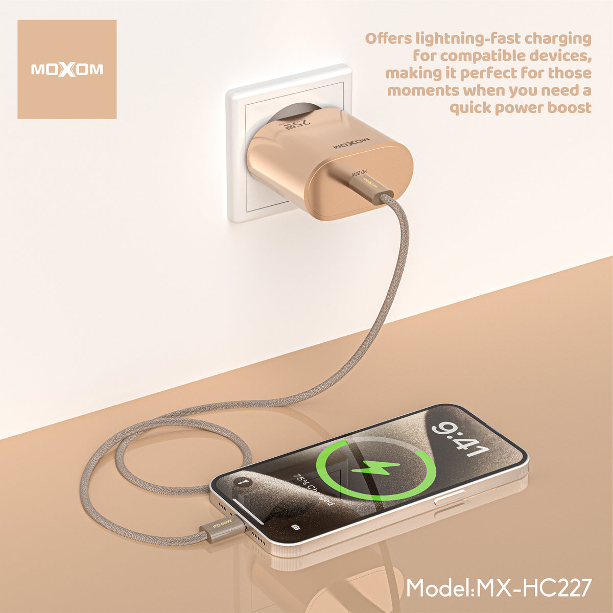 MOXOM MX-HC227 PD 25W USB-C Fast Charger – Gold Finish, EU Plug, Charger Only or With Cable