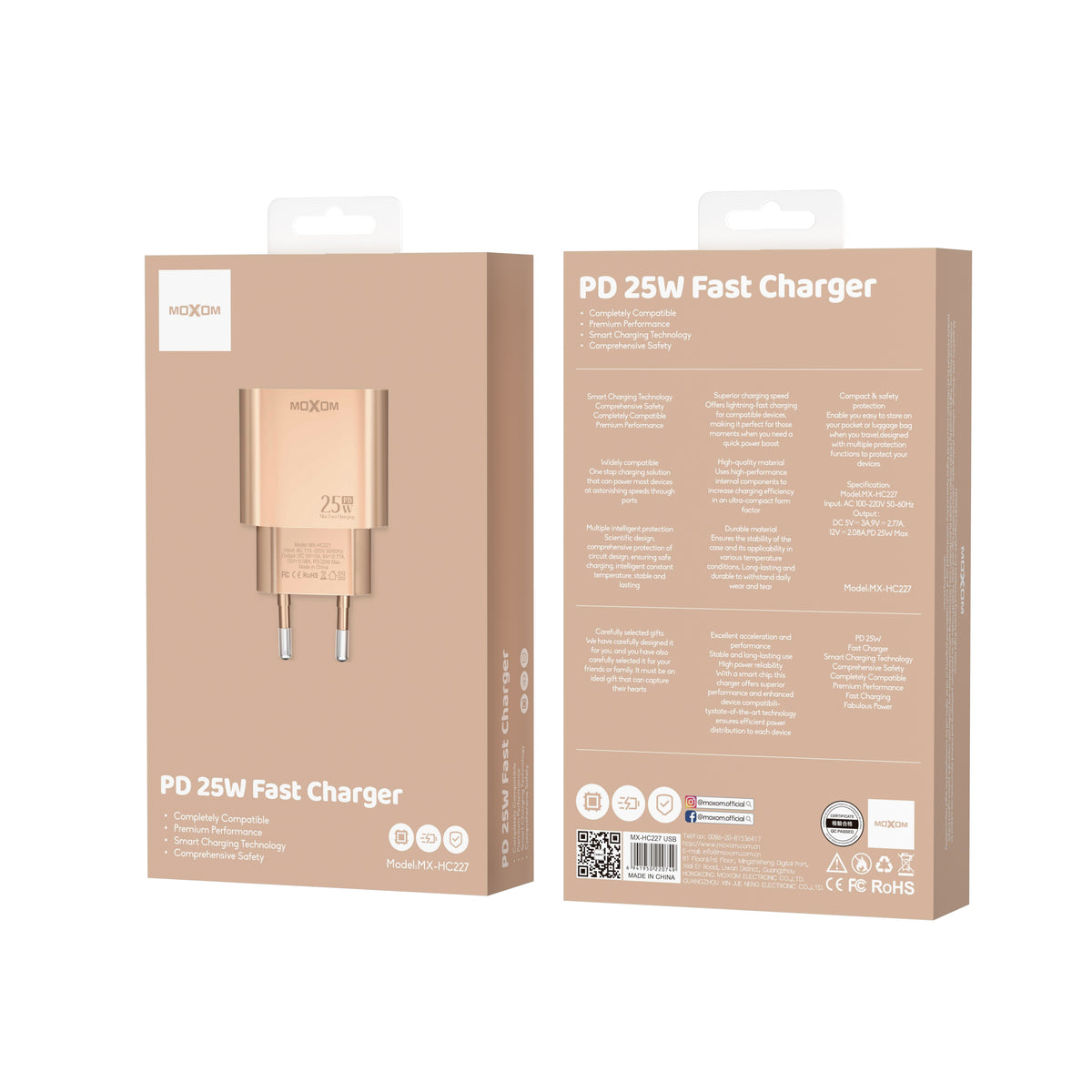 MOXOM MX-HC227 PD 25W USB-C Fast Charger – Gold Finish, EU Plug, Charger Only or With Cable