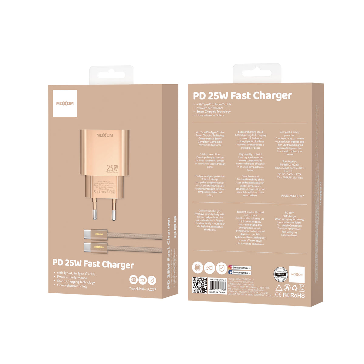 MOXOM MX-HC227 PD 25W USB-C Fast Charger – Gold Finish, EU Plug, Charger Only or With Cable