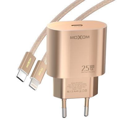 MOXOM MX-HC227 PD 25W USB-C Fast Charger – Gold Finish, EU Plug, Charger Only or With Cable