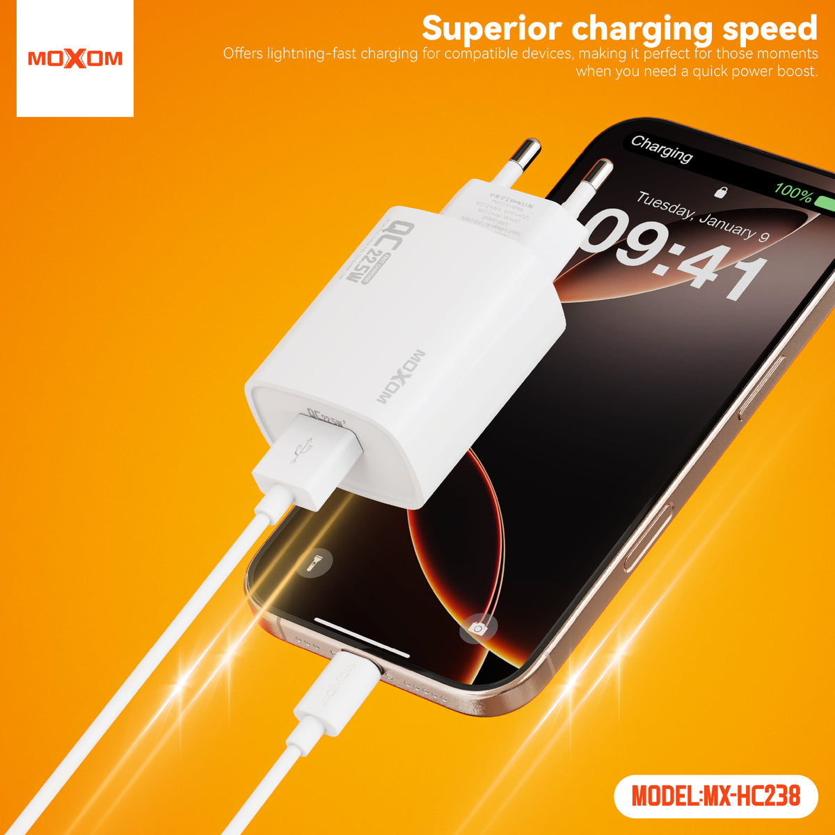 MOXOM MX-HC238 Prophet 22.5W Fast Charger – USB-A Quick Charging Wall Plug, EU Plug, White