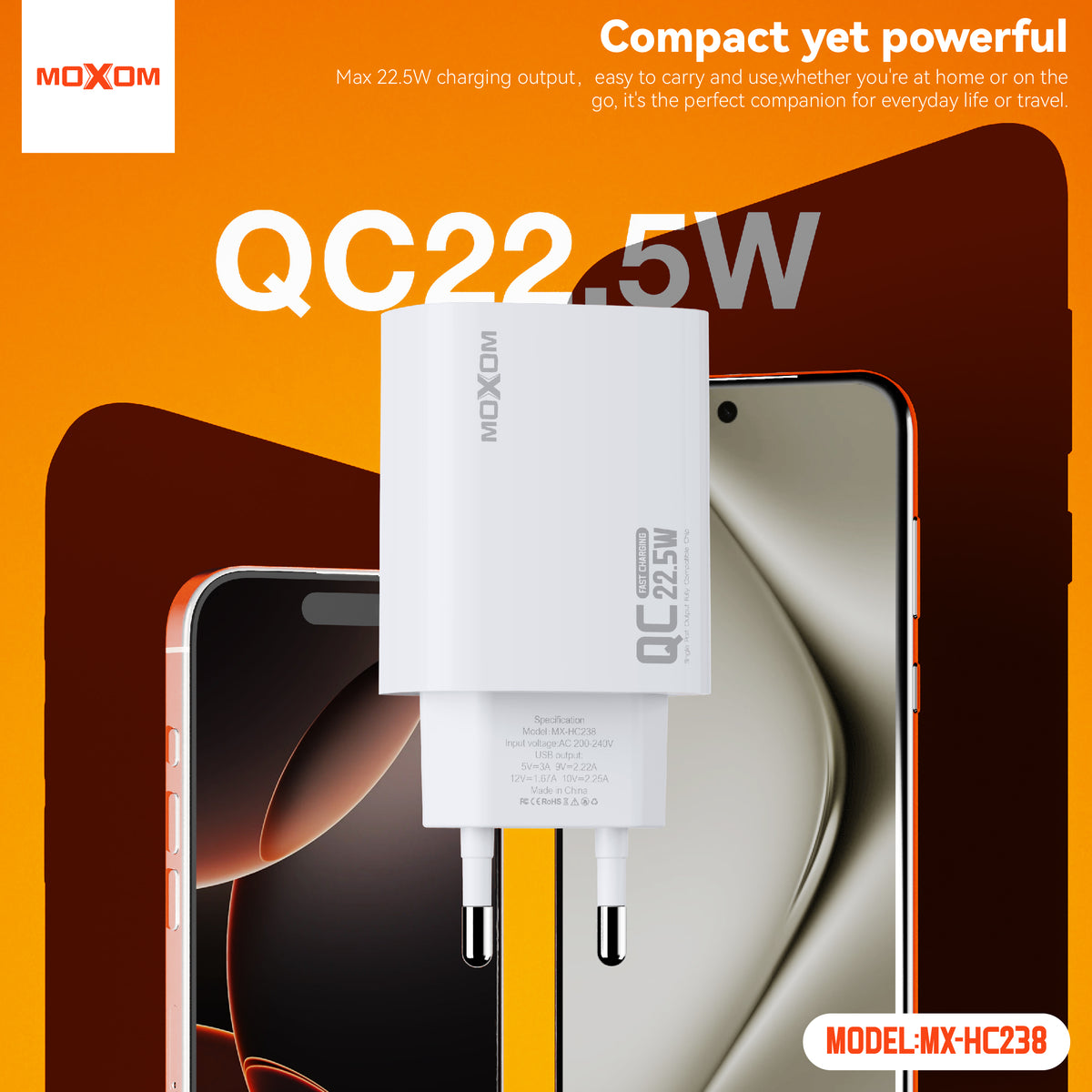 MOXOM MX-HC238 Prophet 22.5W Fast Charger – USB-A Quick Charging Wall Plug, EU Plug, White