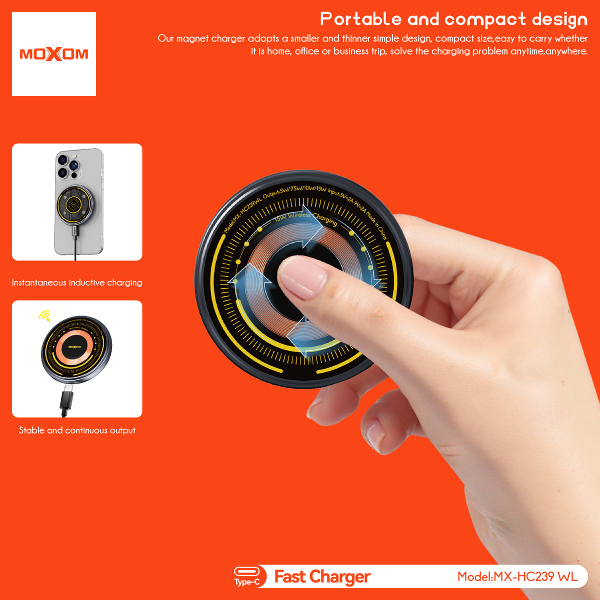 MOXOM MX-HC239WL Kernel 15W Magnetic Wireless Charger – MagSafe Compatible Puck, Cable Included