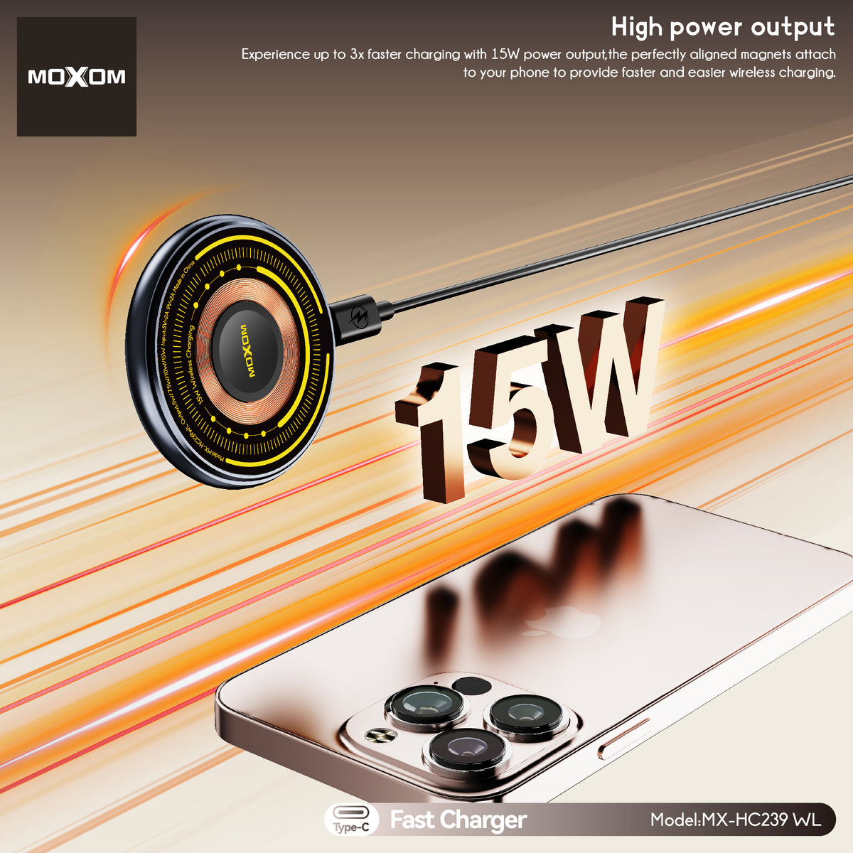 MOXOM MX-HC239WL Kernel 15W Magnetic Wireless Charger – MagSafe Compatible Puck, Cable Included