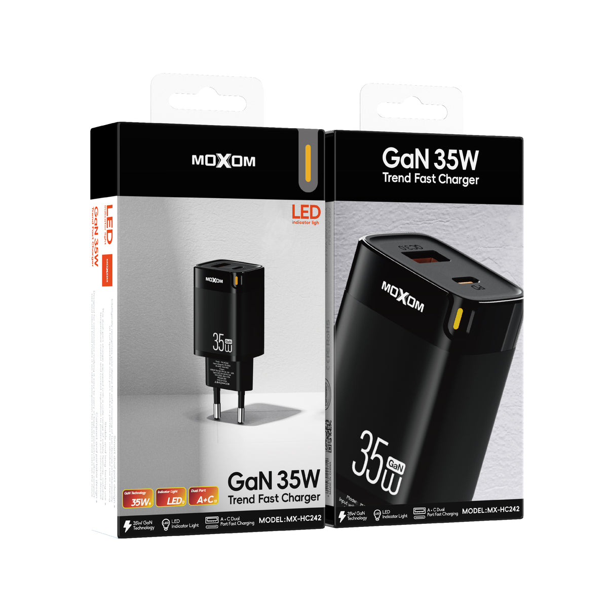 MOXOM MX-HC242 Trend 35W GaN Fast Charger – USB-C PD + USB-A, PPS, Compact, EU Plug (Charger Only)