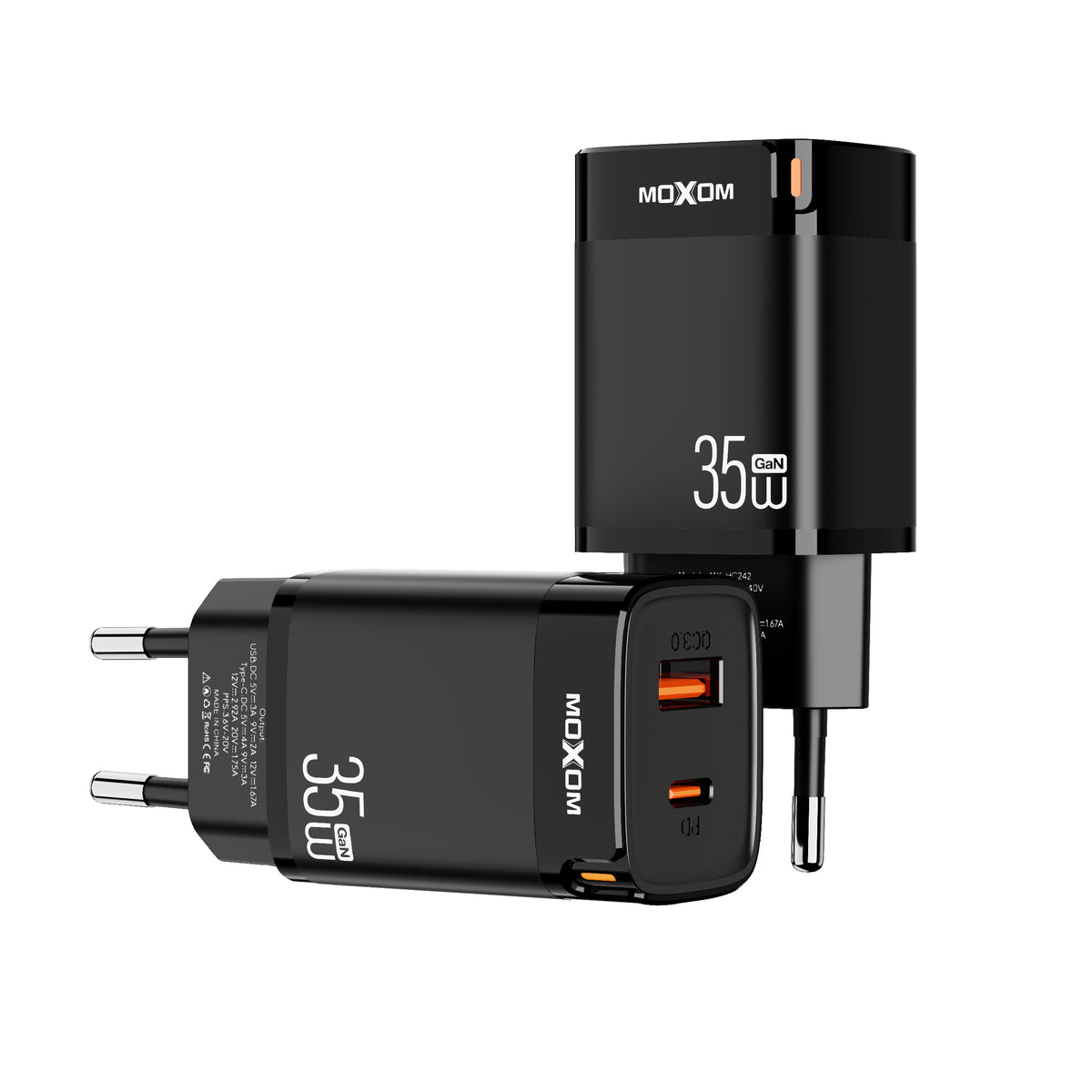 MOXOM MX-HC242 Trend 35W GaN Fast Charger – USB-C PD + USB-A, PPS, Compact, EU Plug (Charger Only)