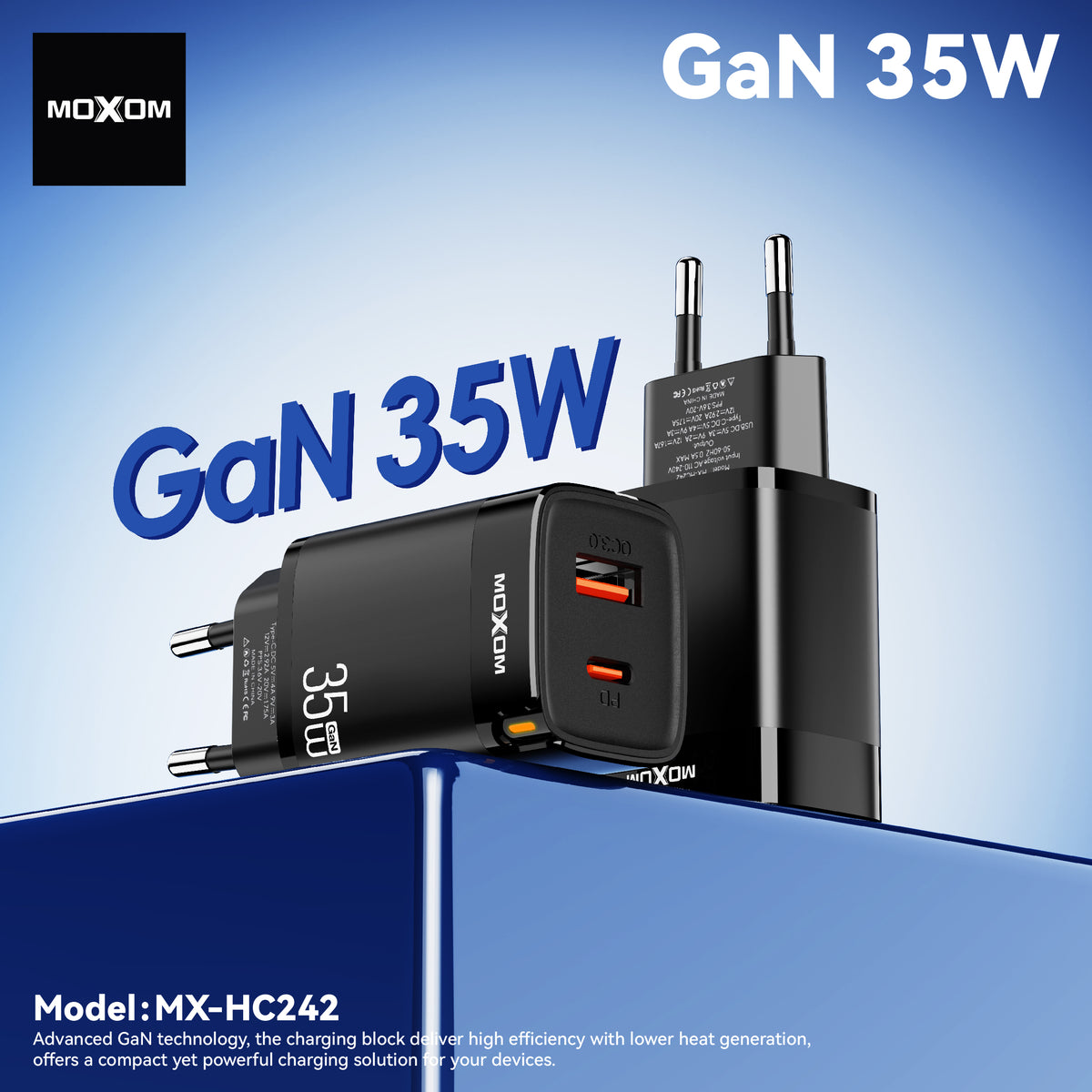 MOXOM MX-HC242 Trend 35W GaN Fast Charger – USB-C PD + USB-A, PPS, Compact, EU Plug (Charger Only)