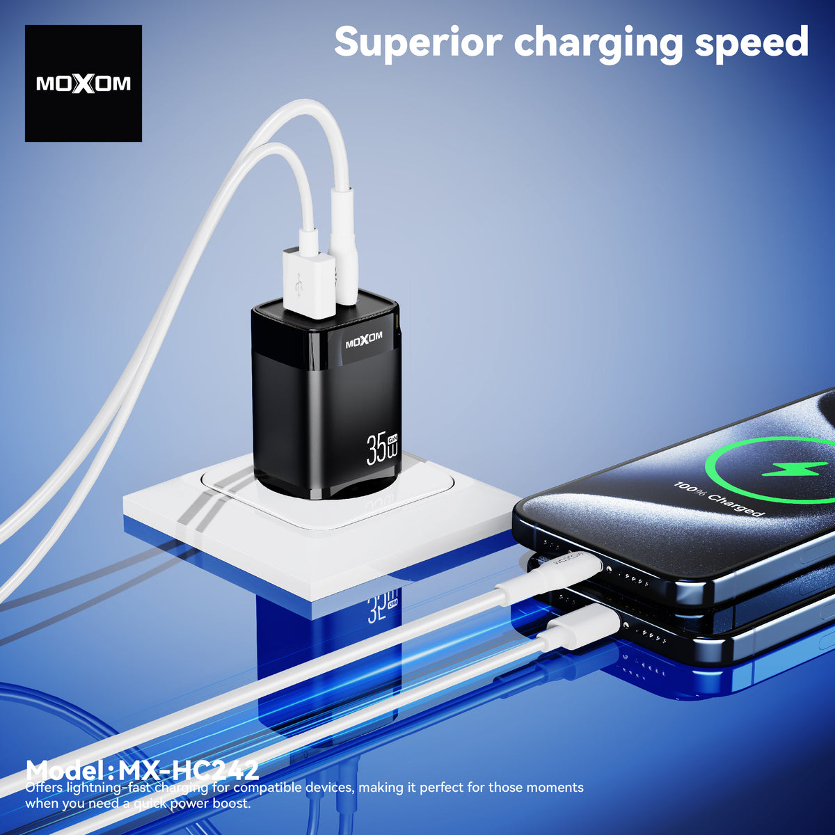 MOXOM MX-HC242 Trend 35W GaN Fast Charger – USB-C PD + USB-A, PPS, Compact, EU Plug (Charger Only)