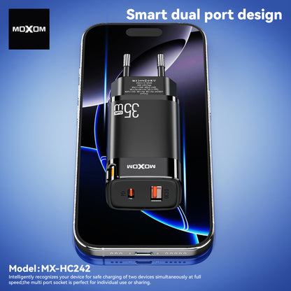 MOXOM MX-HC242 Trend 35W GaN Fast Charger – USB-C PD + USB-A, PPS, Compact, EU Plug (Charger Only)