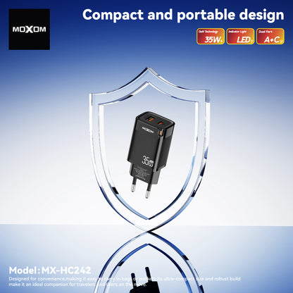 MOXOM MX-HC242 Trend 35W GaN Fast Charger – USB-C PD + USB-A, PPS, Compact, EU Plug (Charger Only)