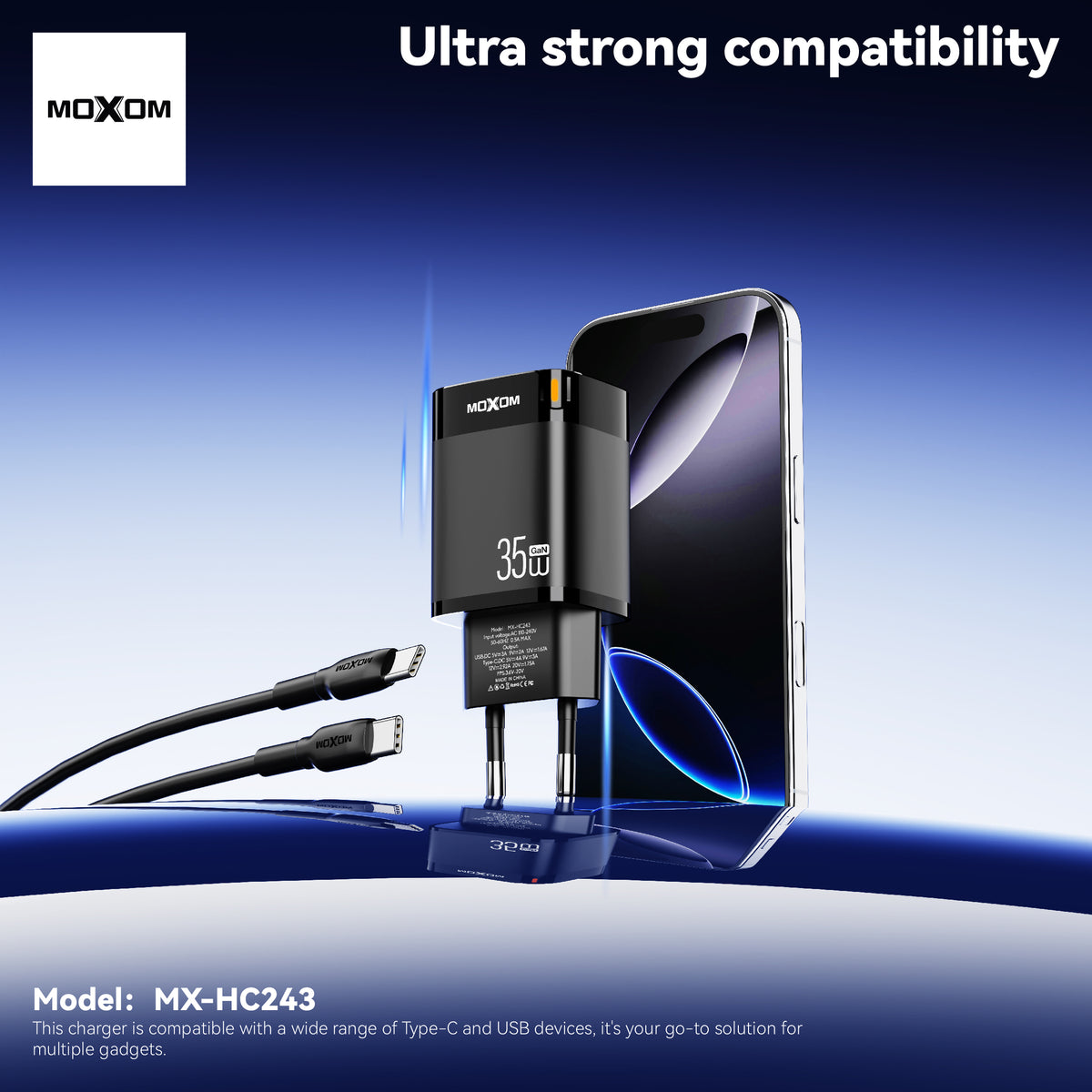 MOXOM MX-HC243 Trend 35W GaN Fast Charger with Cable – USB-C PD + USB-A, PPS, EU Plug