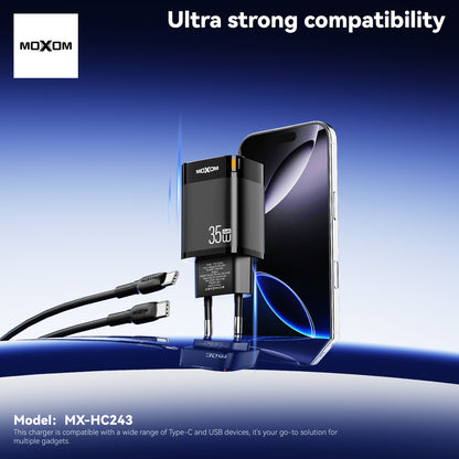 MOXOM MX-HC243 Trend 35W GaN Fast Charger with Cable – USB-C PD + USB-A, PPS, EU Plug