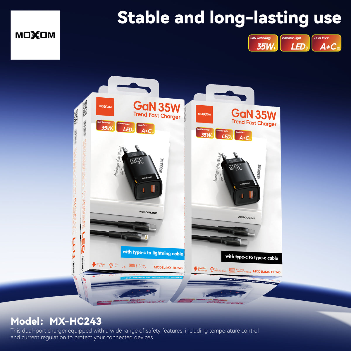 MOXOM MX-HC243 Trend 35W GaN Fast Charger with Cable – USB-C PD + USB-A, PPS, EU Plug