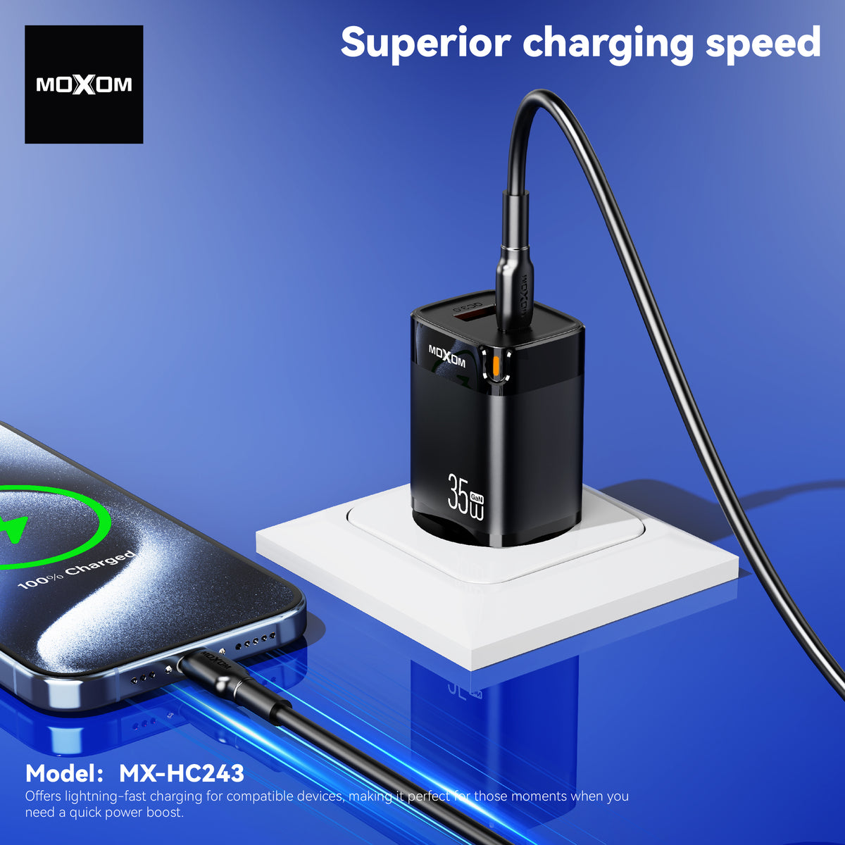 MOXOM MX-HC243 Trend 35W GaN Fast Charger with Cable – USB-C PD + USB-A, PPS, EU Plug