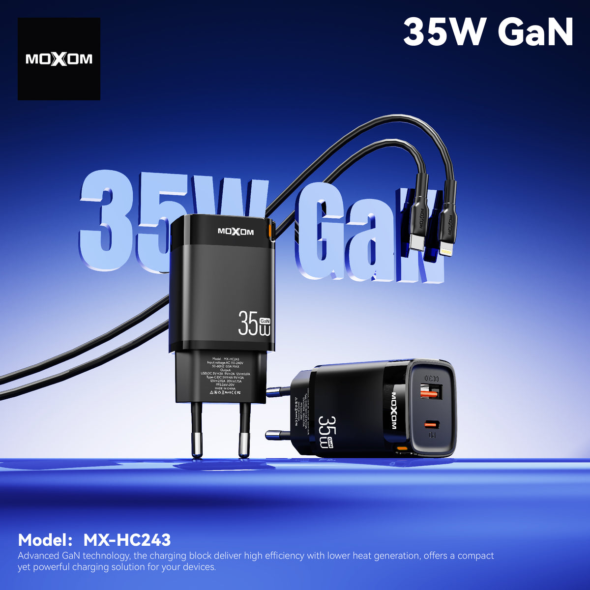 MOXOM MX-HC243 Trend 35W GaN Fast Charger with Cable – USB-C PD + USB-A, PPS, EU Plug