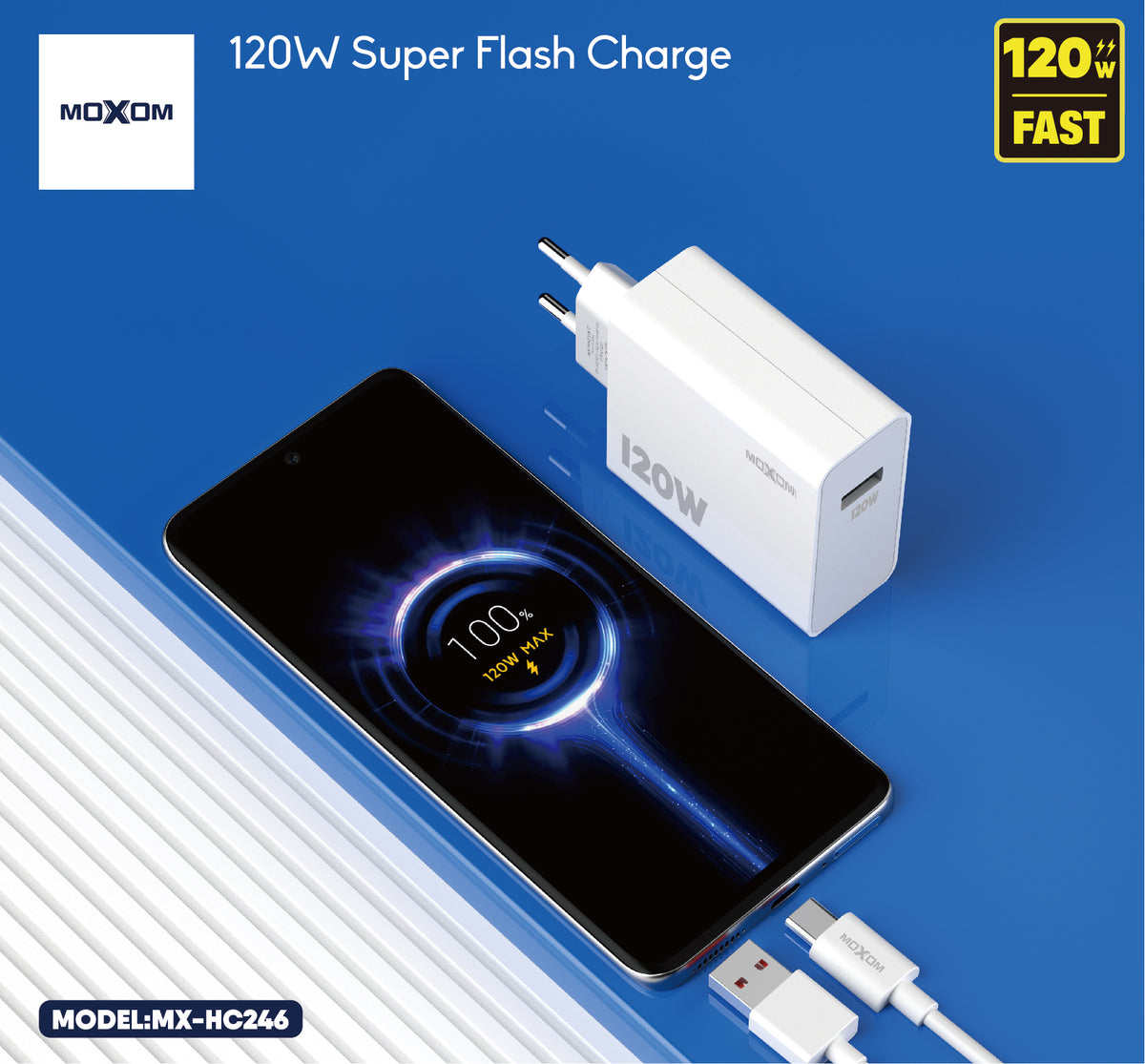 MOXOM MX-HC246 Daytime 120W USB-C Fast Charger with Type-C Cable – Laptop & Phone Charging, EU Plug