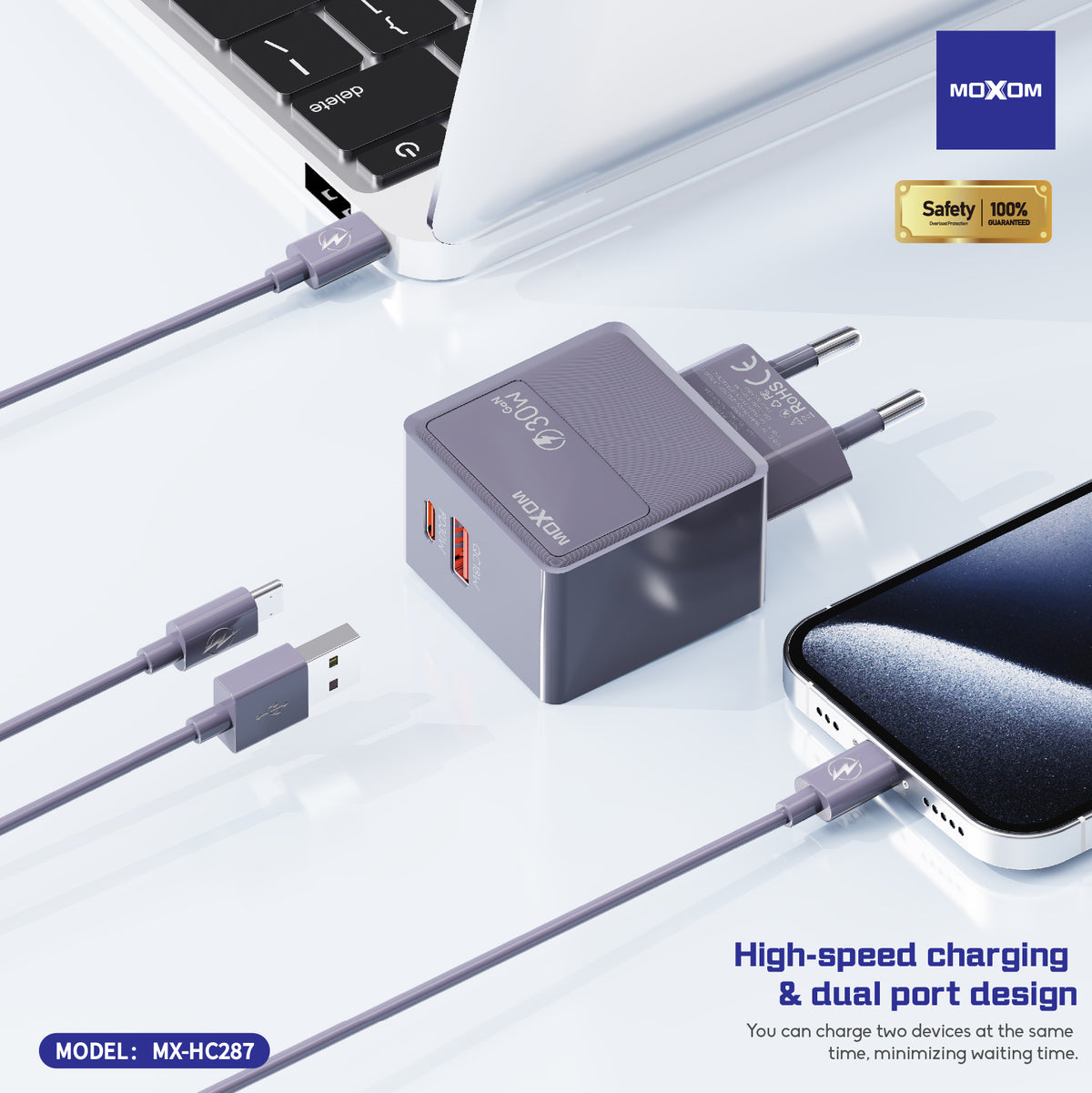 MOXOM MX-HC287 GaN Dual Fast Charger – 30W USB-C PD + 18W QC USB-A, PPS, Compact (Plug Only)