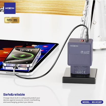 MOXOM MX-HC287 GaN Dual Fast Charger – 30W USB-C PD + 18W QC USB-A, PPS, Compact (Plug Only)