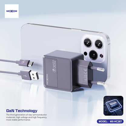 MOXOM MX-HC287 GaN Dual Fast Charger – 30W USB-C PD + 18W QC USB-A, PPS, Compact (Plug Only)