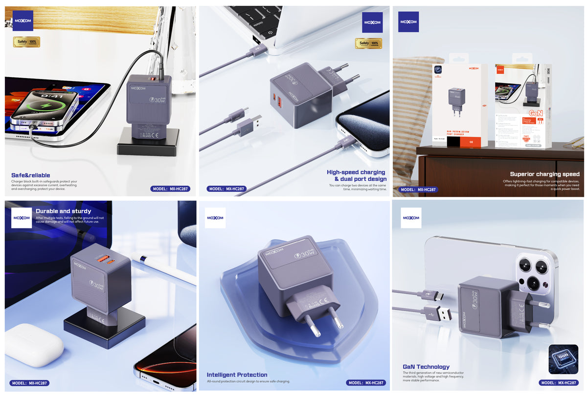 MOXOM MX-HC287 GaN Dual Fast Charger – 30W USB-C PD + 18W QC USB-A, PPS, Compact (Plug Only)