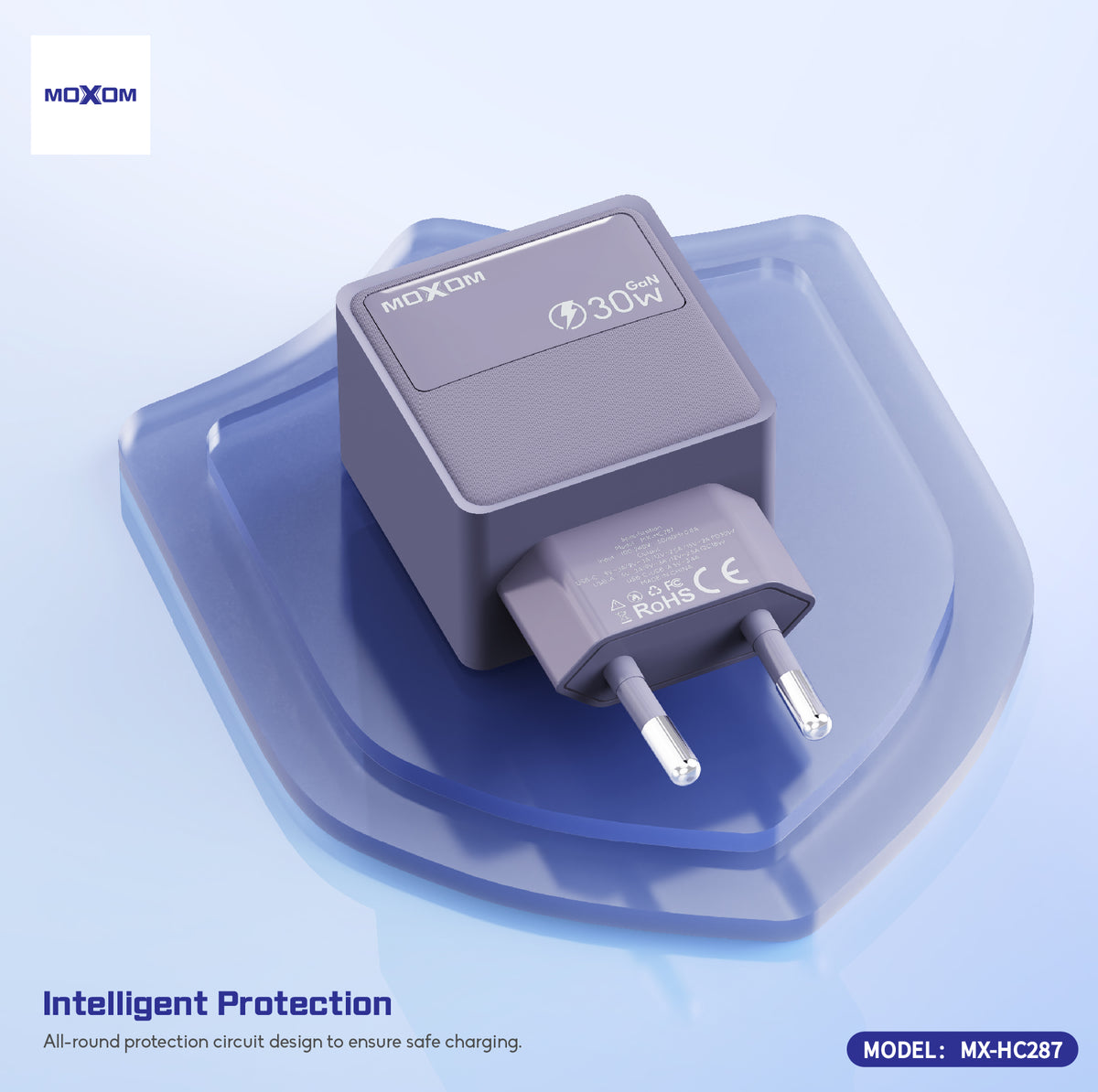 MOXOM MX-HC287 GaN Dual Fast Charger – 30W USB-C PD + 18W QC USB-A, PPS, Compact (Plug Only)