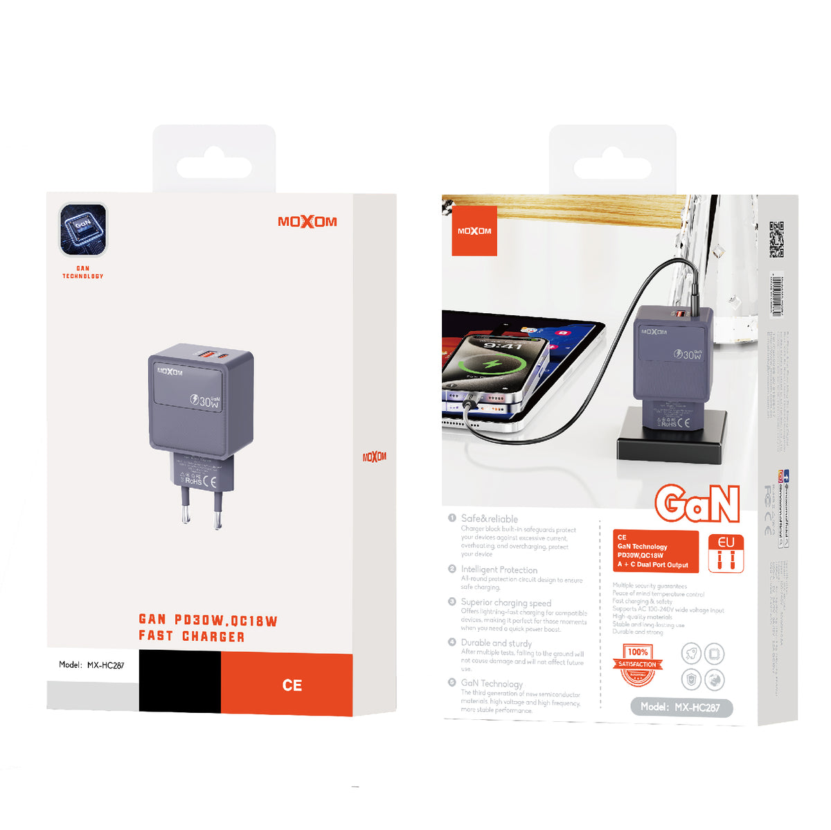 MOXOM MX-HC287 GaN Dual Fast Charger – 30W USB-C PD + 18W QC USB-A, PPS, Compact (Plug Only)