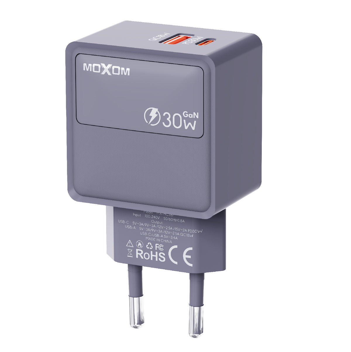 MOXOM MX-HC287 GaN Dual Fast Charger – 30W USB-C PD + 18W QC USB-A, PPS, Compact (Plug Only)