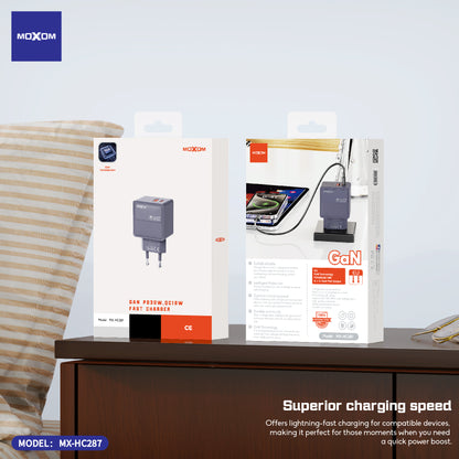 MOXOM MX-HC287 GaN Dual Fast Charger – 30W USB-C PD + 18W QC USB-A, PPS, Compact (Plug Only)