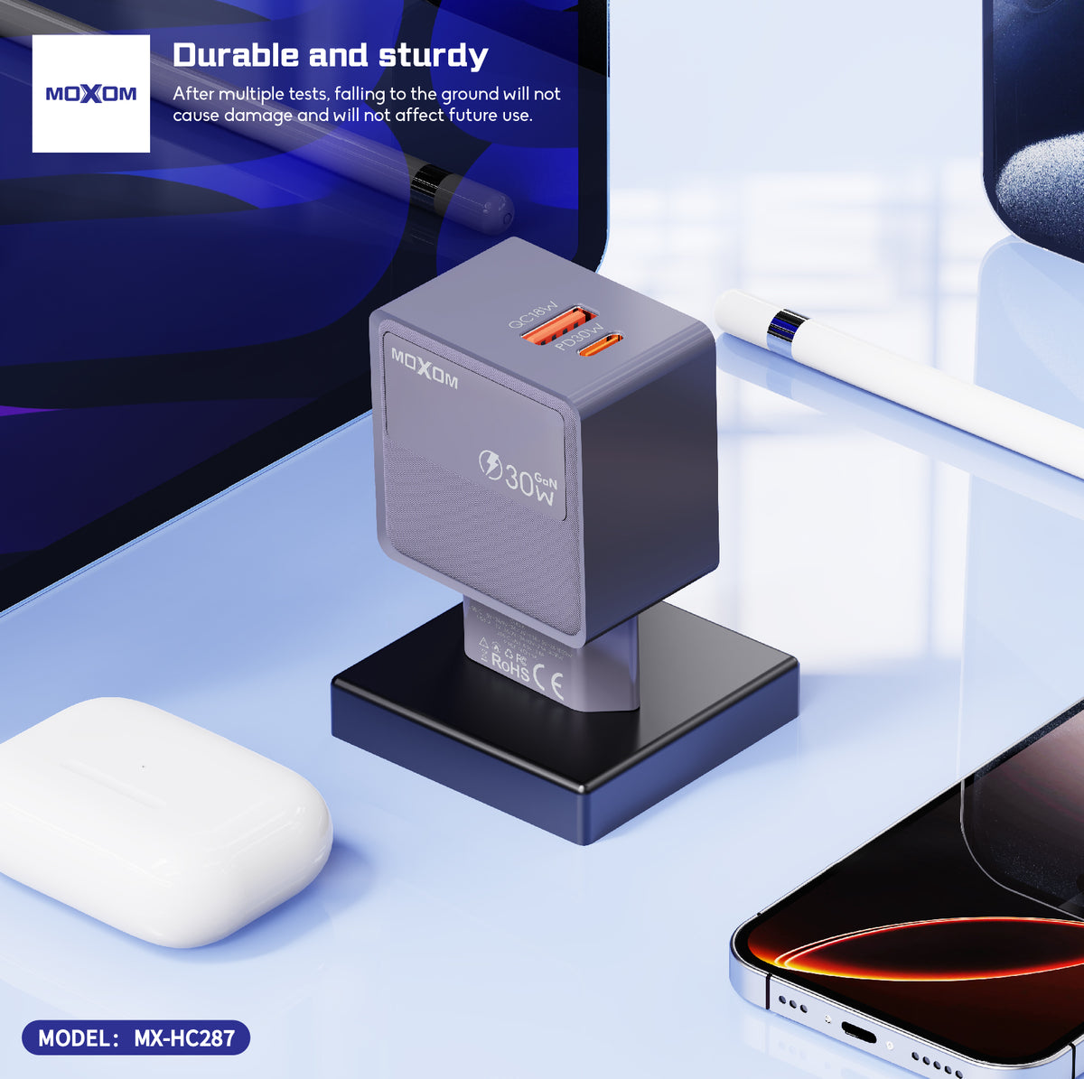 MOXOM MX-HC287 GaN Dual Fast Charger – 30W USB-C PD + 18W QC USB-A, PPS, Compact (Plug Only)
