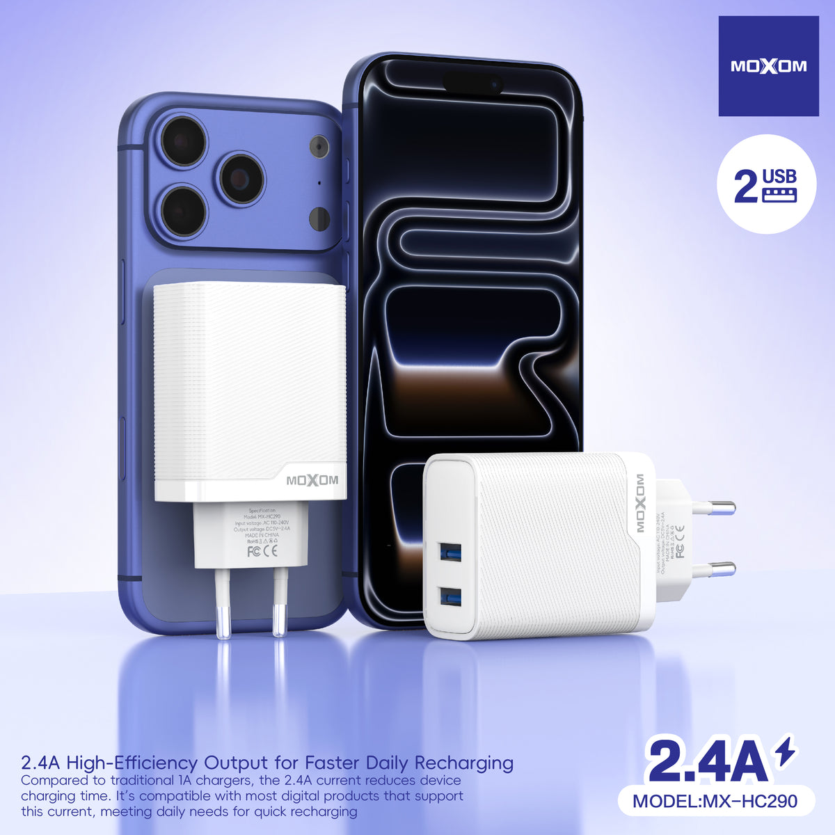 MOXOM MX-HC290 Dual USB Travel Charger 2.4A with Cable – Micro USB / Lightning / Type-C, EU Plug