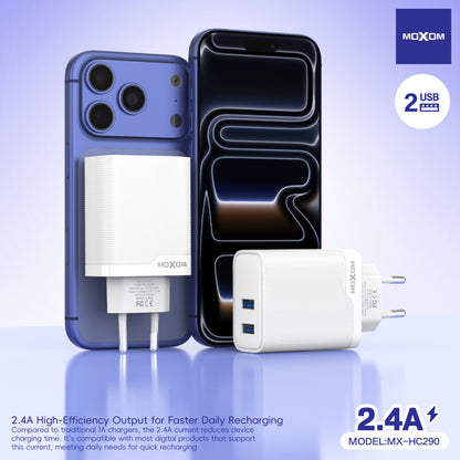 MOXOM MX-HC290 Dual USB Travel Charger 2.4A with Cable – Micro USB / Lightning / Type-C, EU Plug
