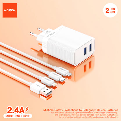 MOXOM MX-HC290 Dual USB Travel Charger 2.4A with Cable – Micro USB / Lightning / Type-C, EU Plug