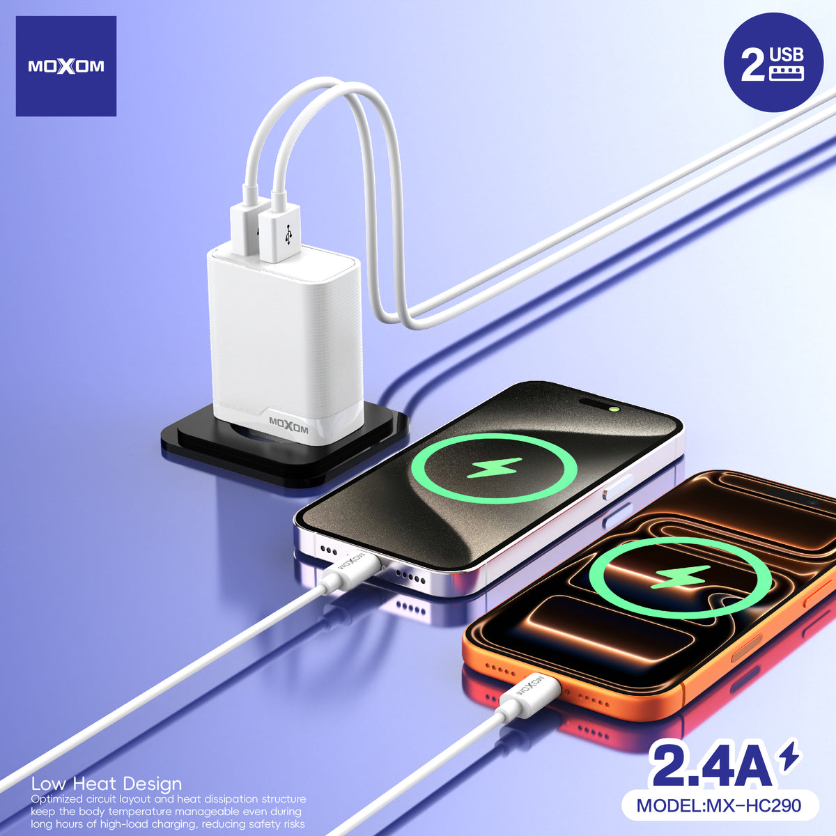 MOXOM MX-HC290 Dual USB Travel Charger 2.4A with Cable – Micro USB / Lightning / Type-C, EU Plug
