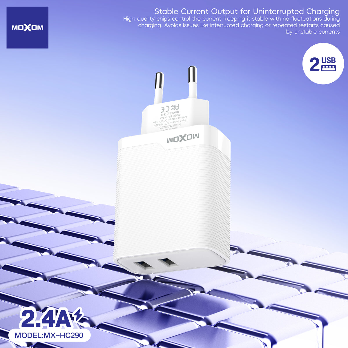 MOXOM MX-HC290 Dual USB Travel Charger 2.4A with Cable – Micro USB / Lightning / Type-C, EU Plug