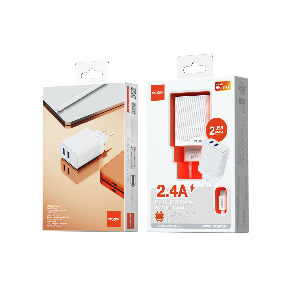 MOXOM MX-HC290 Dual USB Travel Charger 2.4A with Cable – Micro USB / Lightning / Type-C, EU Plug