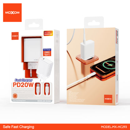 MOXOM MX-HC293 PD 20W USB-C Travel Charger + Cable – Slim, EU Plug, Type-C or Lightning Cable Options