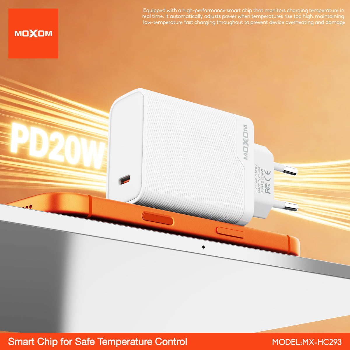 MOXOM MX-HC293 PD 20W USB-C Travel Charger + Cable – Slim, EU Plug, Type-C or Lightning Cable Options