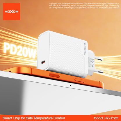 MOXOM MX-HC293 PD 20W USB-C Travel Charger + Cable – Slim, EU Plug, Type-C or Lightning Cable Options