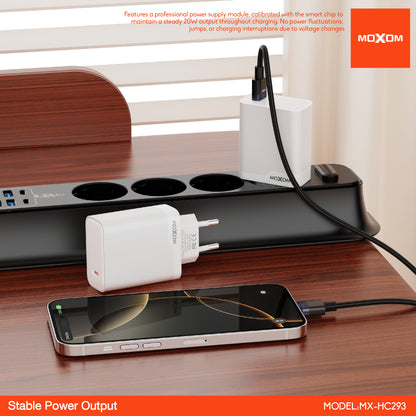 MOXOM MX-HC293 PD 20W USB-C Travel Charger + Cable – Slim, EU Plug, Type-C or Lightning Cable Options