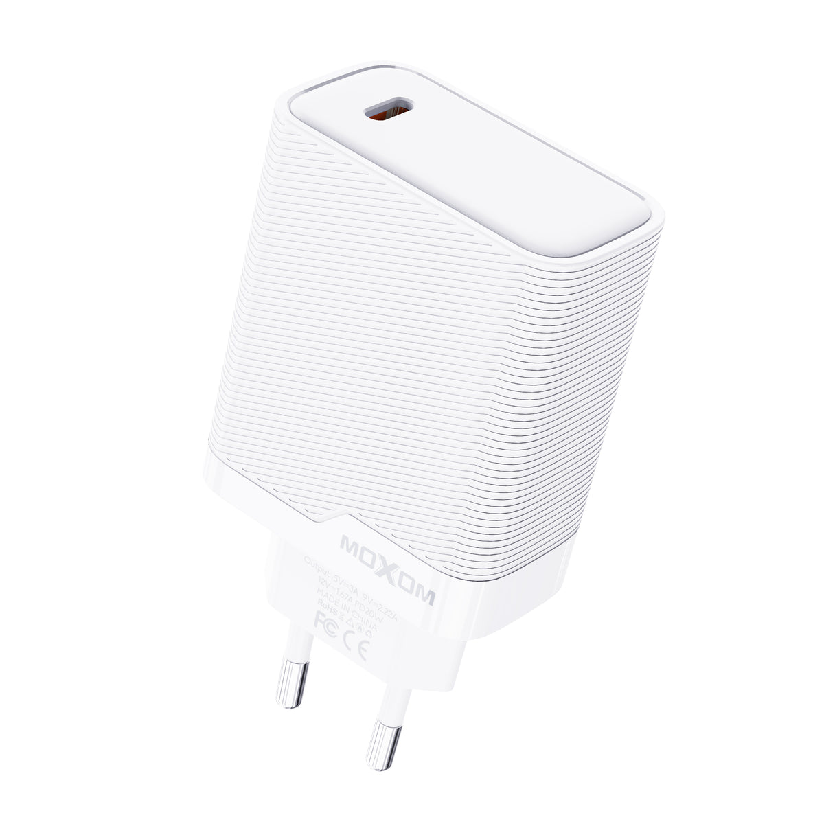 MOXOM MX-HC293 PD 20W USB-C Travel Charger + Cable – Slim, EU Plug, Type-C or Lightning Cable Options
