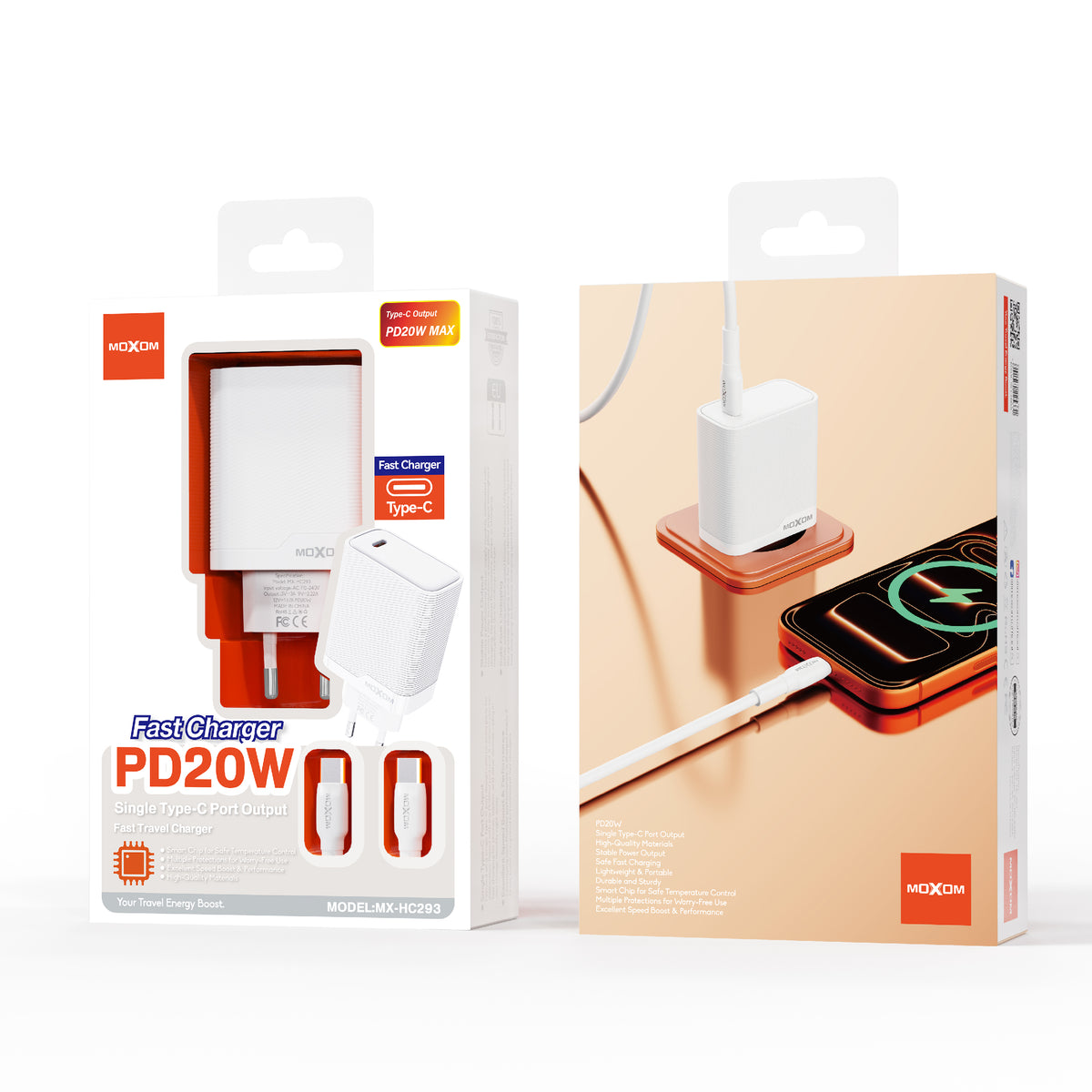 MOXOM MX-HC293 PD 20W USB-C Travel Charger + Cable – Slim, EU Plug, Type-C or Lightning Cable Options