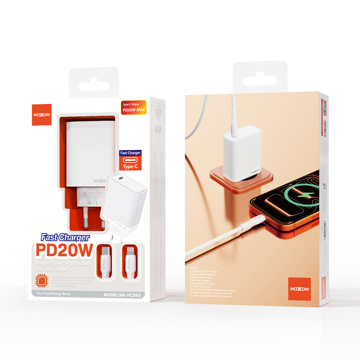 MOXOM MX-HC293 PD 20W USB-C Travel Charger + Cable – Slim, EU Plug, Type-C or Lightning Cable Options