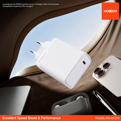 MOXOM MX-HC293 PD 20W USB-C Travel Charger + Cable – Slim, EU Plug, Type-C or Lightning Cable Options